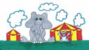 thumbnail of Elephant sitting with mouse and tents
